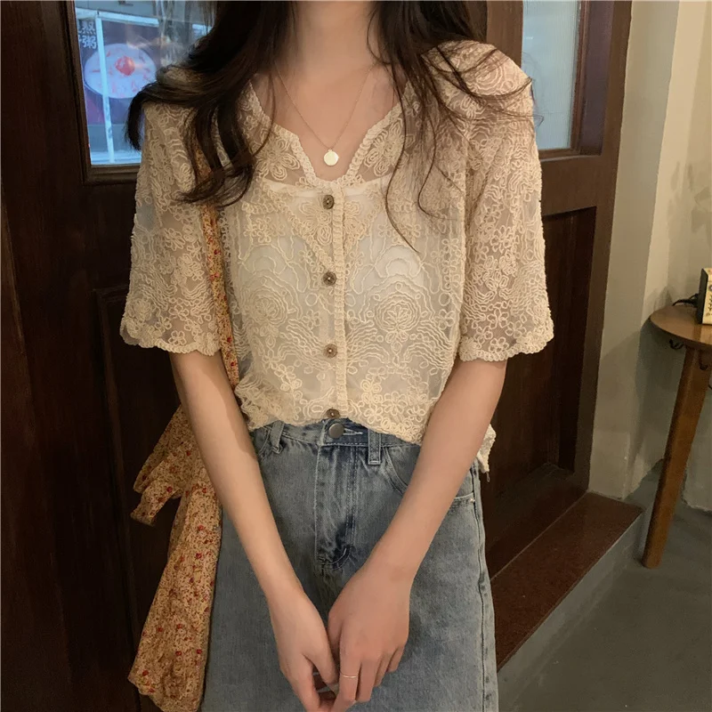 Spring and Summer Women's Korean Style V-Neck Design Crochet Cardigan Coat Lace Top