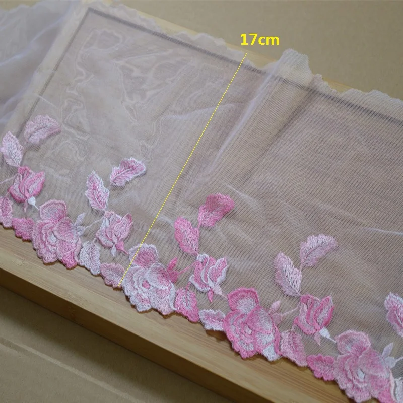 2Yds/lot 17cm Wide Translucent Gazue Pink Thread Flower Embroidery High Quality Lace Trim For Garments And Wedding