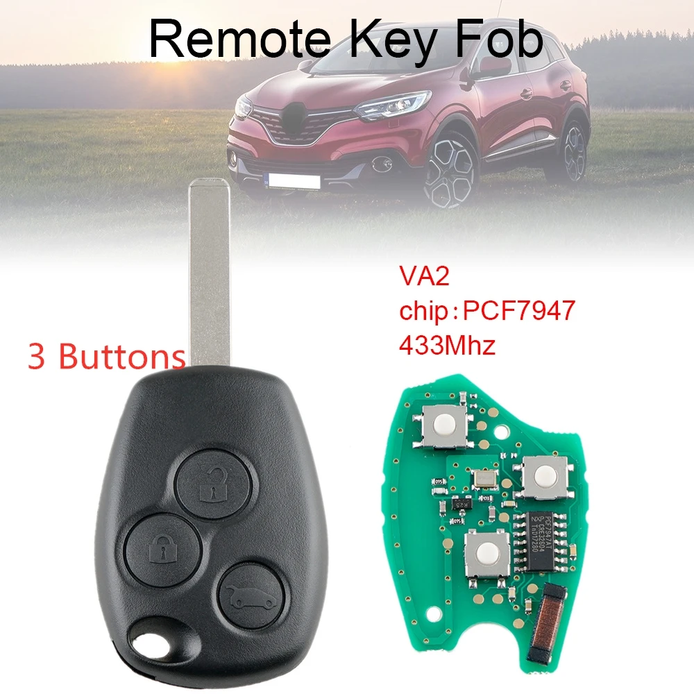 Clé télécommande à 2 ou 3 boutons, 433Mhz, avec puce PCF7947 et lame VA2, pour Renault / Clio / Scenic / Kangoo / Megane
