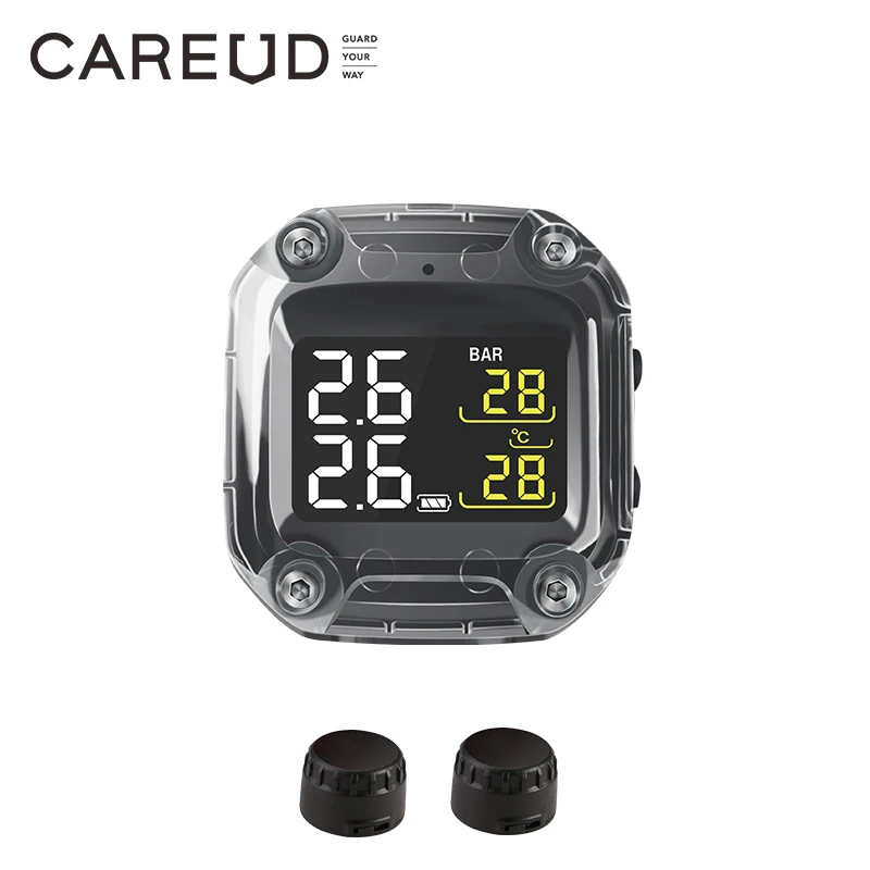 CAREUD Wireless Motorcycle TPMS Tire Pressure Monitoring System Digital LCD with Two External/Internal Sensors Easy to install