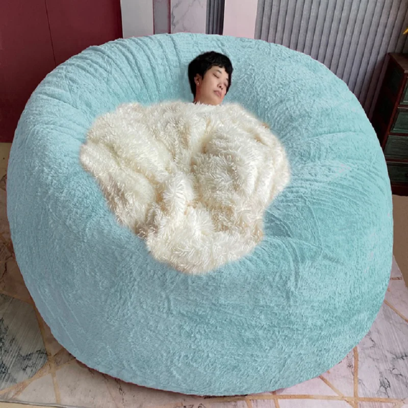 Dropshipping Fluffy Faux BeanBag dmuchana Sofa narzuta confortevole morbido gigante pufa rechabile 7FT duże okrągłe krzesło worek fasoli