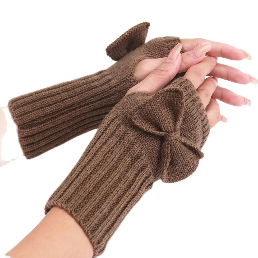 

New Autumn and Winter Bow Lovely Fashion Student Riding Knitted Warm Dew Half Finger Women's Gloves
