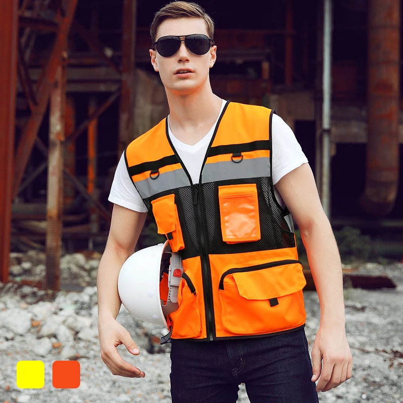 Orange Safety Vest Reflective With Tool Pockets Breathable Work gilet Hi Vis Mesh Reflective Vest Workwear