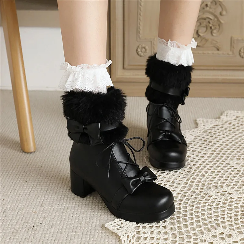 YQBTDL Japanese Kawaii Lolita Shoes Ankle Boots Women Platform 5cm High Heels Shorty Botas Sweet Shoes 2023 Winter Large Size 43