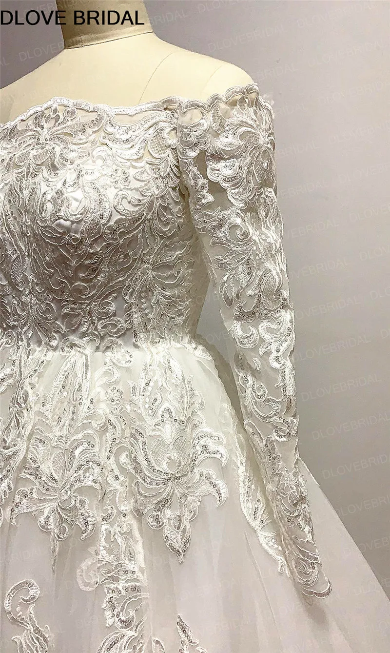 Elegante Lange Mouwen Baljurk Trouwjurk Lovertjes Kant Uit de Schouder Bruidsjurk Vestido De Noiva Hoge Kwaliteit Real foto's