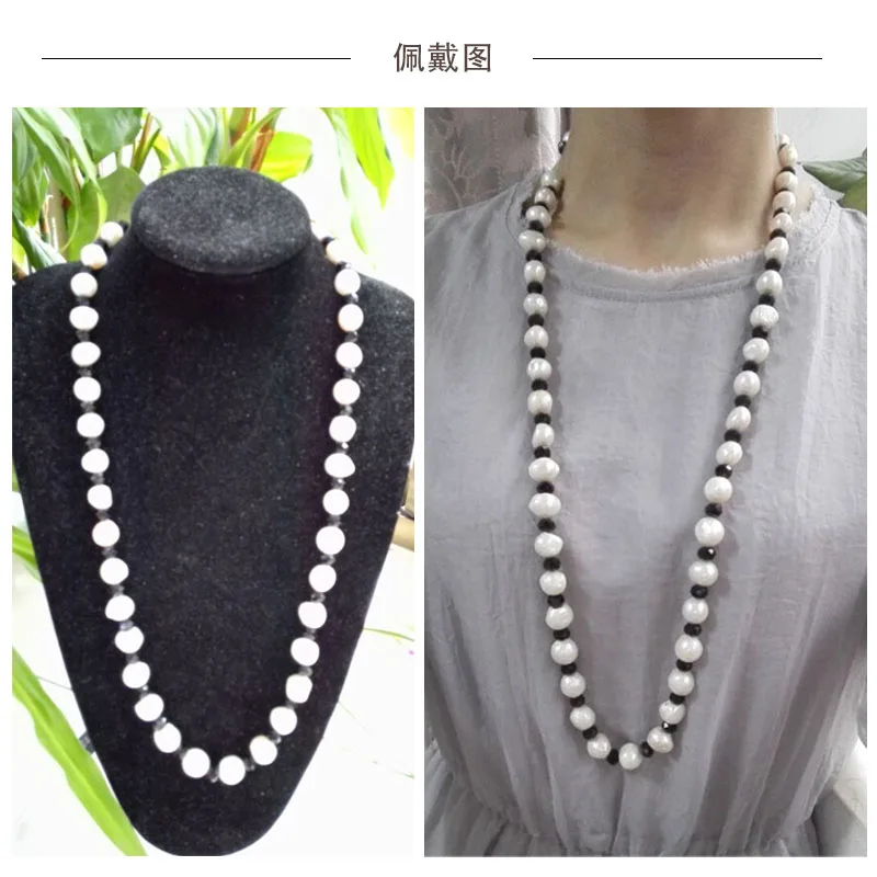 HABITOO 11-12mm White Baroque Pearl Black Crystal Long Necklace 36inch 925 Silver Jewelry for Women Charming Gifts