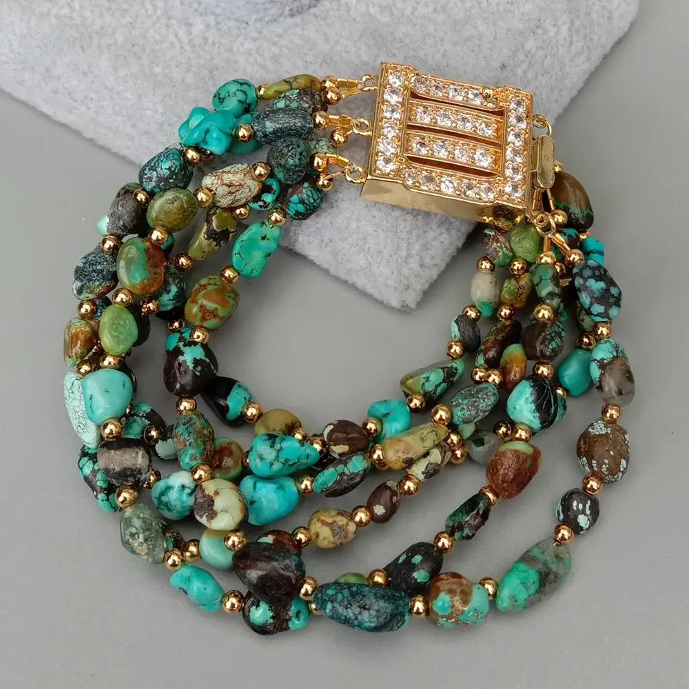Y·YING  3 Rows Natural Green Turquoise Bracelet Freeform Shape Multi Strands Bracelet Cz Pave Clasp