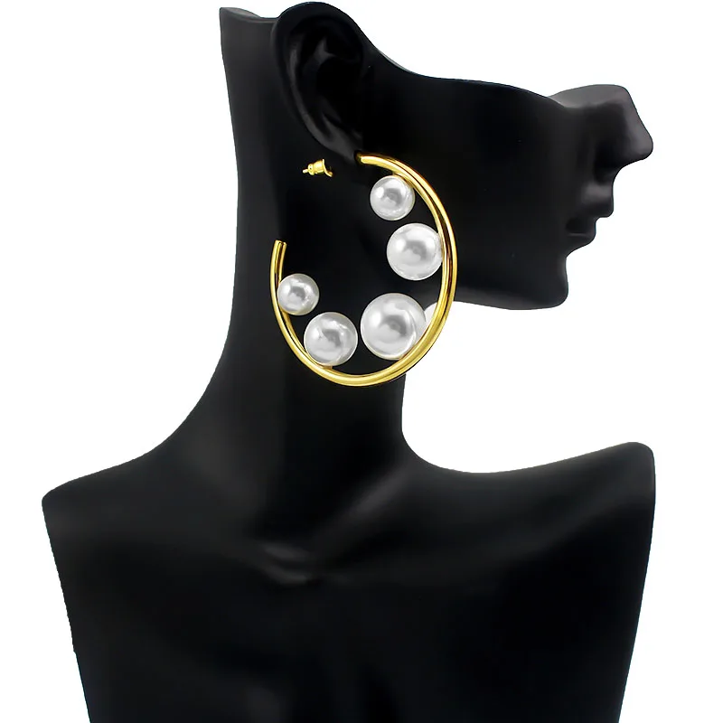New Fashion Pearl Large Circle Statement Earrings for Women Studs Gold Color round Earring Party Jewelry Punk Collection