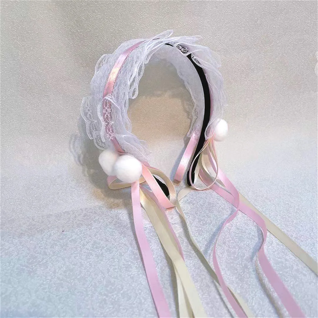 Diadema de lazo de encaje con orejas de gato para niña, diadema de Lolita Kawaii, tocado de Anime, accesorios para el cabello de Cosplay, envoltura para la cabeza