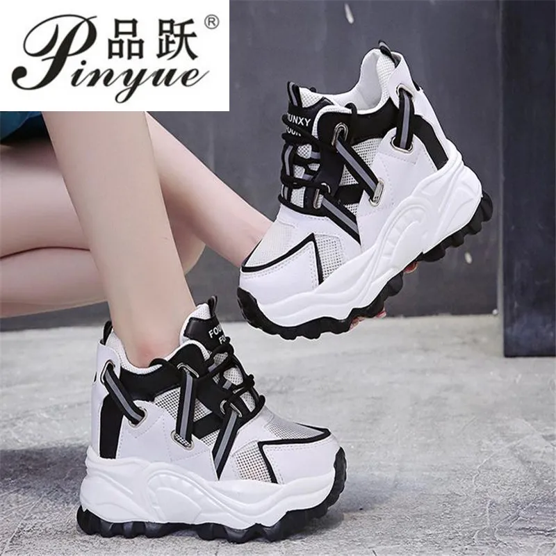 Wysokie obcasy Chunky Sneakers kobiety moda jesień wysokość zwiększenie obuwie kobieta Mesh platforma Vulcanize buty