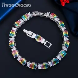 ThreeGraces-pulsera de circonia cúbica para mujer, brazalete colorido de Color plateado, multicolor, arcoíris, para boda, joyería de fiesta, BR147