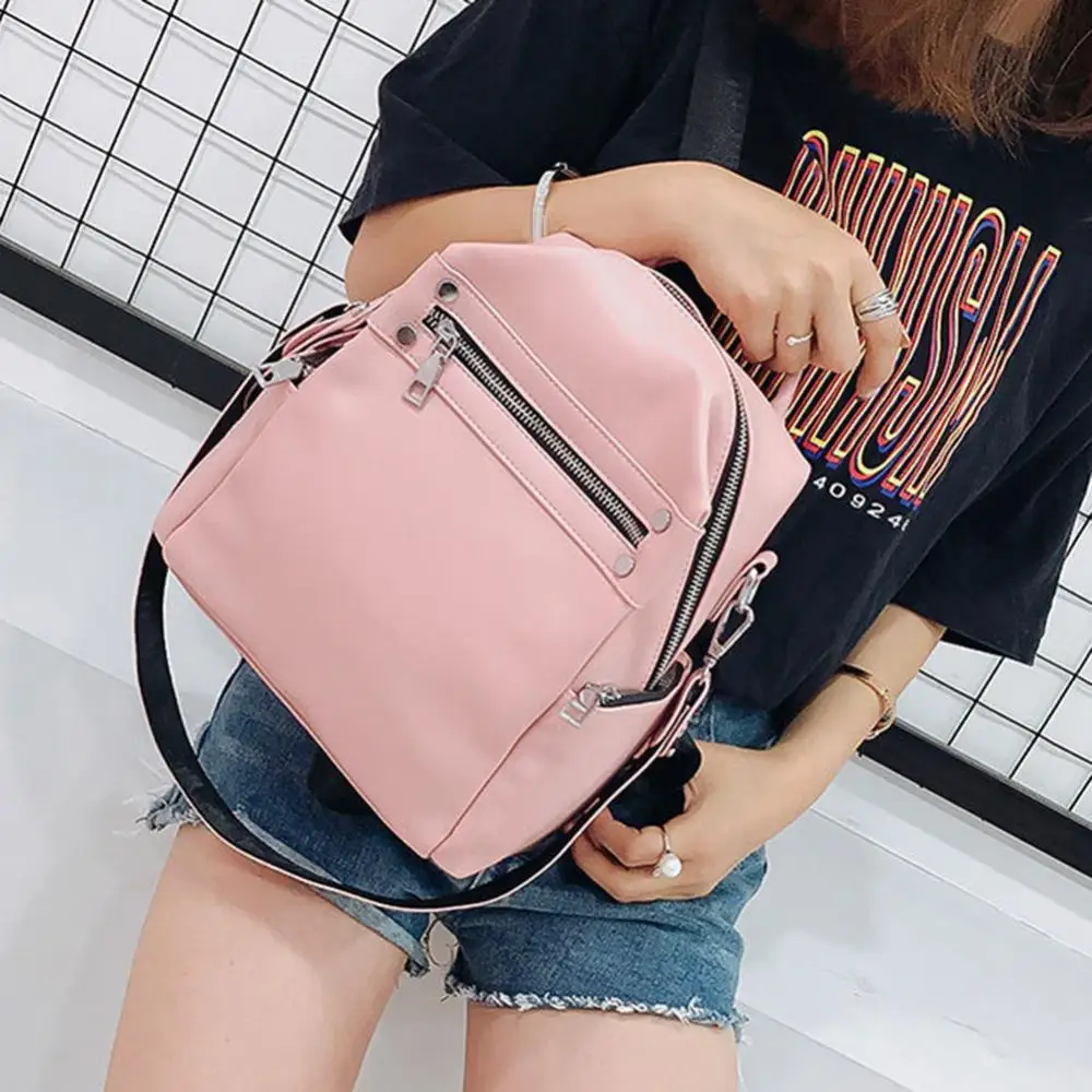Women Soft Faux Leather Waterproof Backpack Solid Color Zipper Tote Shoulder Bag