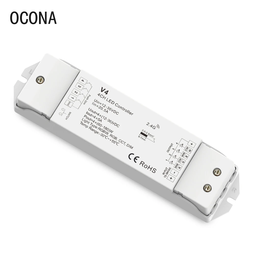 RF 2.4G RGBW LED Controller For LED Strip Lights Tape 4-Channel 5A/Channel DC 12V 24V 36V High Power Dimmer
