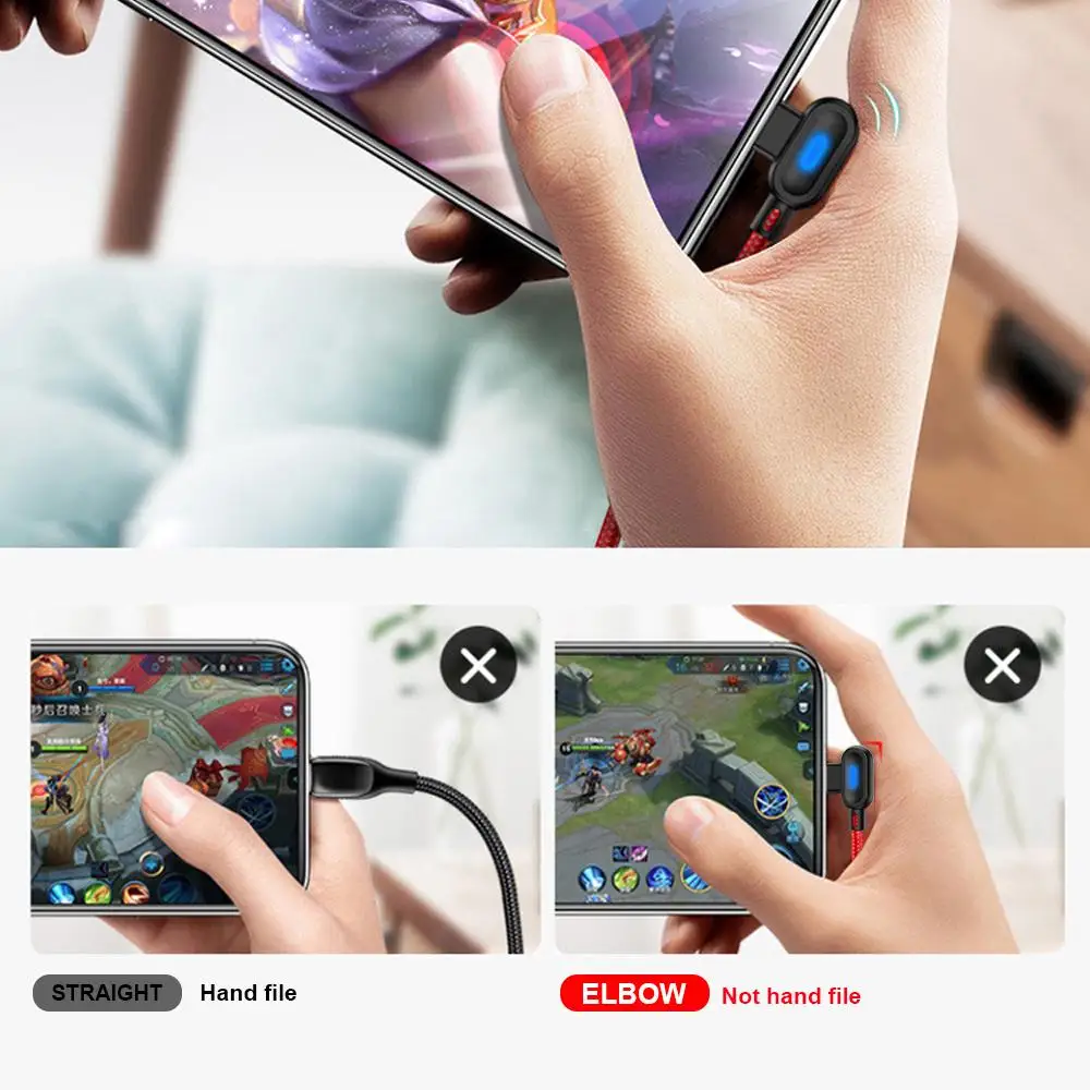 USB نوع C كابل سريع شاحن الحبل 2.4A النايلون LED كابلات الهاتف المحمول 90 درجة آيفون هواوي شاومي Poco x3 برو كابل البيانات