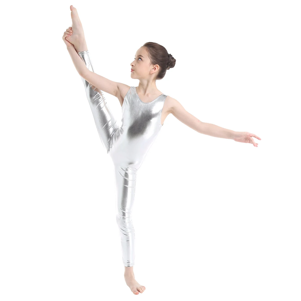 Kinder Meisjes Mouwloze Glanzende Metallic Ballet Dans Turnen Turnpakje Jumpsuit Unitards Dancewear Performance Team Competitie