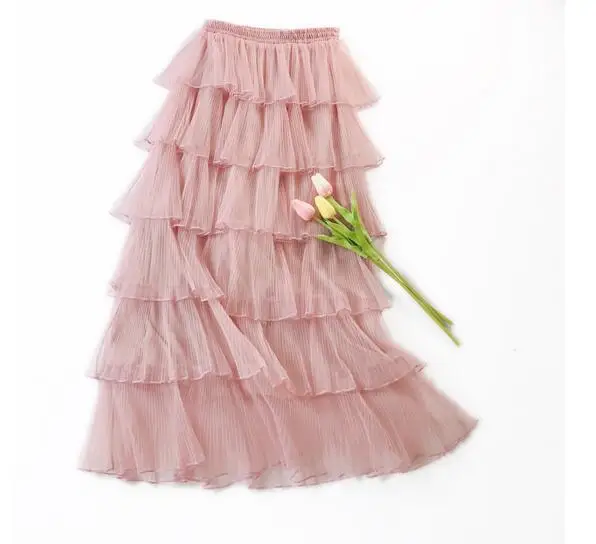 Womens Cake Layered Maxi Long Tulle Skirts Streetwear Tiered Mesh Ruffled Tutu Ankle Long Skirts Pink Gray Ivory