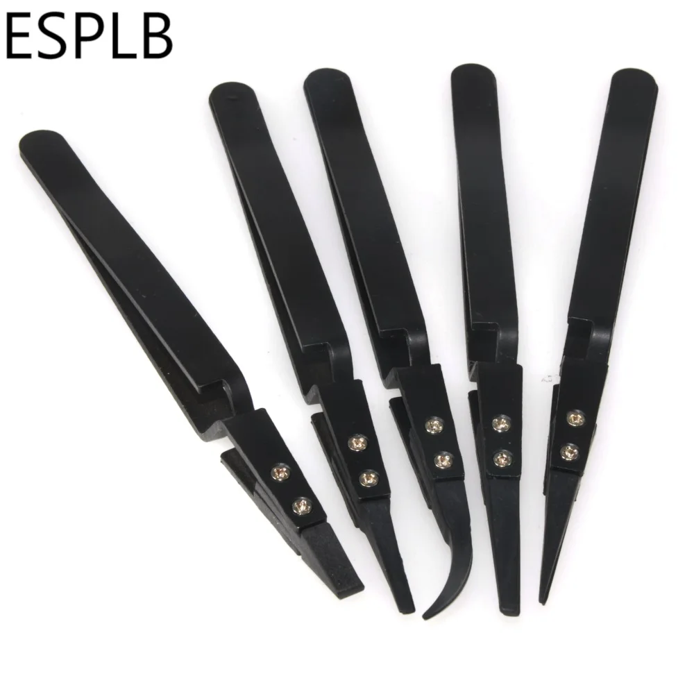 ESPLB Newest Reverse Tweezers Black Plastic Tip Stainless Steel Handle Precision Tweezers Curved/Flat/Straight Tip Tweezers