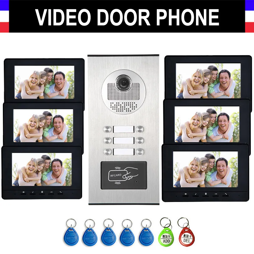 

6-12 Units Apartment Intercom System Video Intercom Video Door Phone Kit 7 Inch Monitor with RFID keyfobs for Household