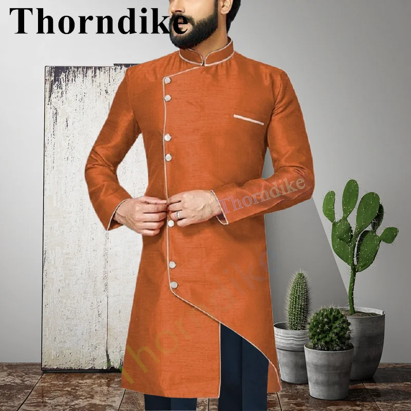 Thorndike New Fashion Men's Indian Style Mid-length Wedding 2-piece Best Man Brwon Suit Jacket With Pants