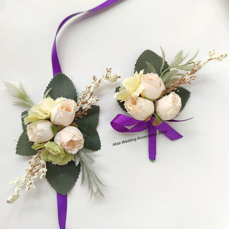 Ivory Groom Boutonniere szpilki akcesoria ślubne nadgarstek stanik bransoletka broszka kwiaty sztuczne jedwabne róże Buttonhole małżeństwo