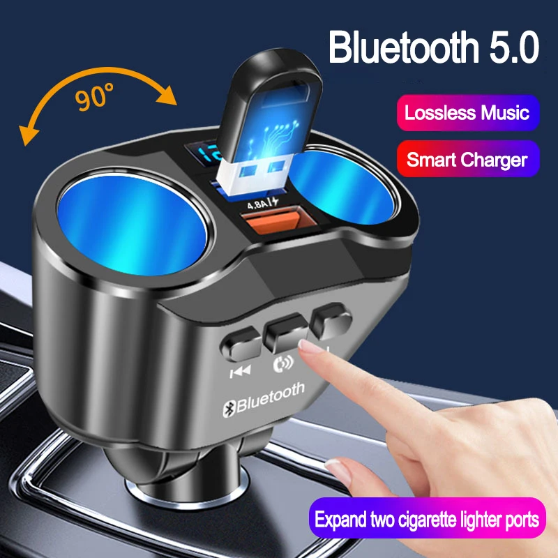 

JINSERTA Car Handsfree Bluetooth 5.0 FM Transmitter Dual USB Charger Expand 2 Cigarette Lighter Ports Support U Disk Music Play