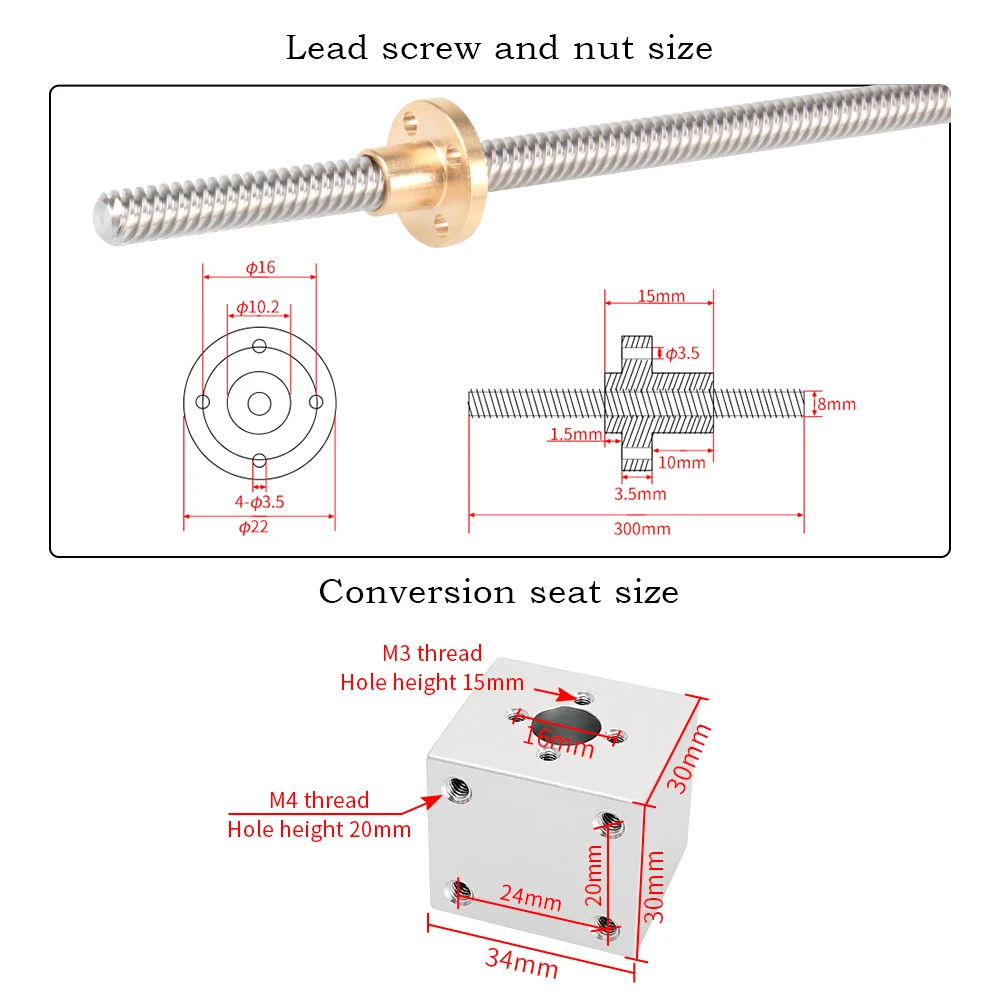 KINGROON T8 Lead Screw Nut Mount Lead 8MM OD 8MM Pitch 2MM T8 Nut Conversion Seat 3D Printer Part T8 Nuts Bracket Aluminum Block