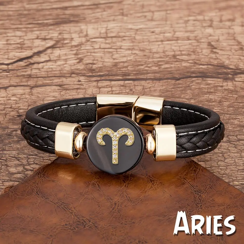 New 12 Constellations Zodiac Sign Bracelet Black Leather Natural Stone Men Bracelets Aries Leo Horoscope Jewelry Christmas Gifts