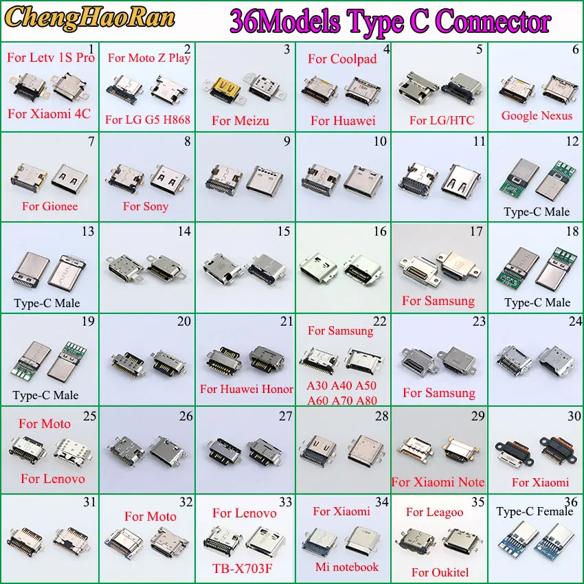 

36Model each 2pcs Micro USB Type C Connector Charge Charging Dock port Plug Type-C USB Socket jack for Samsung Xiaomi Huawei etc