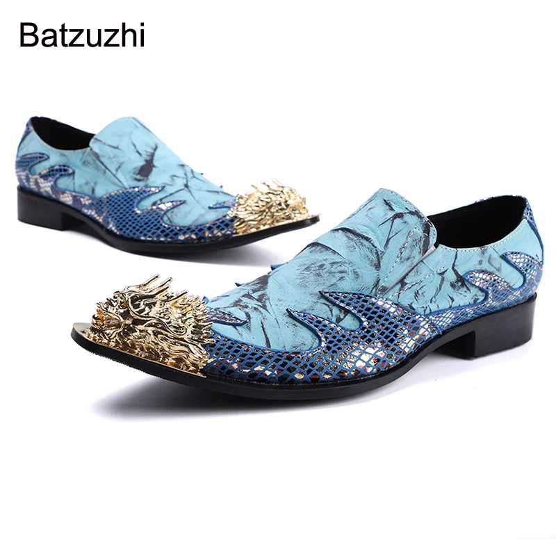 

Batzuzhi Korean Style Men Shoes Fashion Golden Metal Toe Blue Genuine Leather Dress Shoes for Men Party and Wedding Shoes,6-12