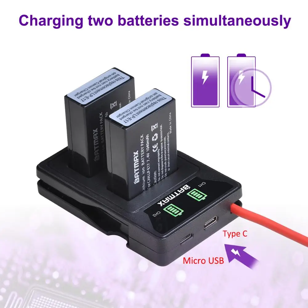 Batmax LP-E17 LP E17 Battery+New LED Dual USB Charger with Type C Port for Canon EOS 200D 250D M3 M6 750D 760D T6s 800D 8000D
