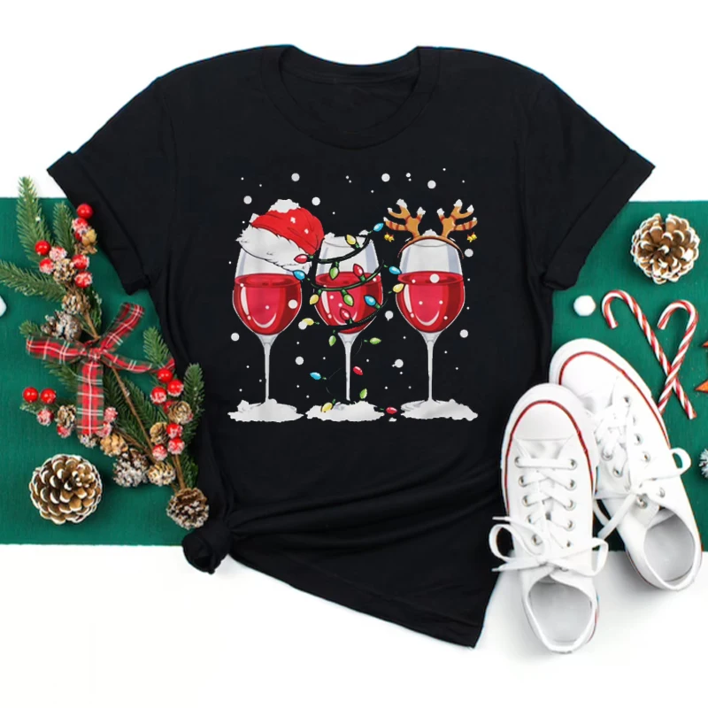 Maycaur Women Wine Glass Christmas Hats Black T Shirt Christmas Xmas Gifts Cartoon Top Tshirt Harajuku Fashion New Year T-shirt