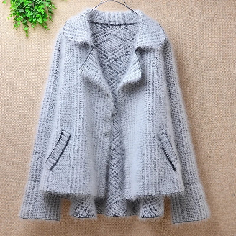 New ladies winter European fake two-piece knitted mink cashmere rabbit hair plush lapel sweater slim coat jacket cardigan gray