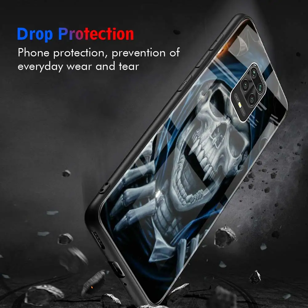 Phone Case for Xiaomi Redmi Note 10 11 9S 8 9 Pro 8T 9T K40 Pro 8A 9A 9C Tempered Glass Housing Cover Grim Reaper Skull Skeleton