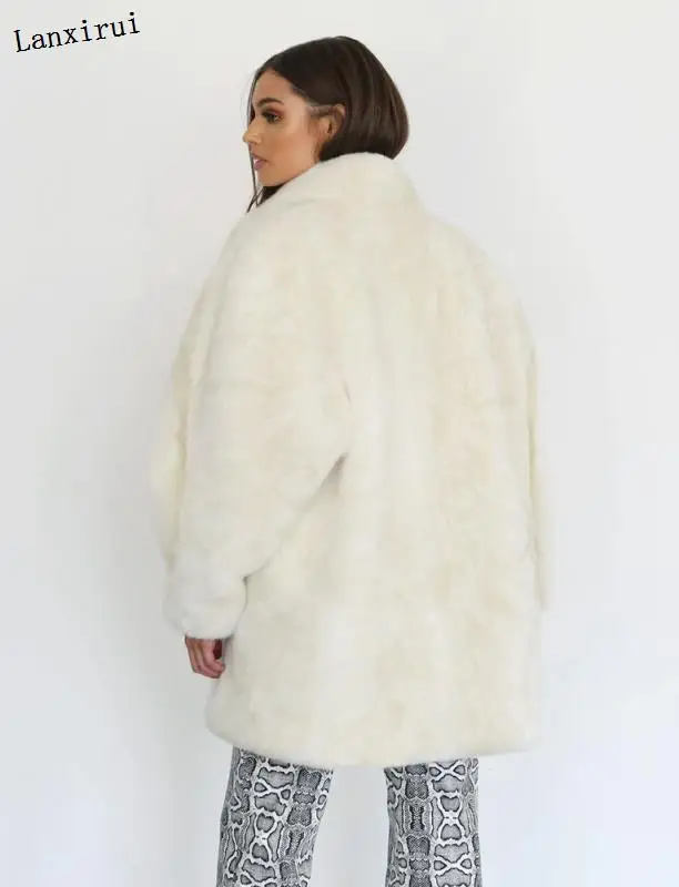 Fashion Furry Faux Fur Coat Women Fluffy Warm Long Sleeve Female Outerwear Autumn Winter Coat Jacket Hairy Collarless Overcoat