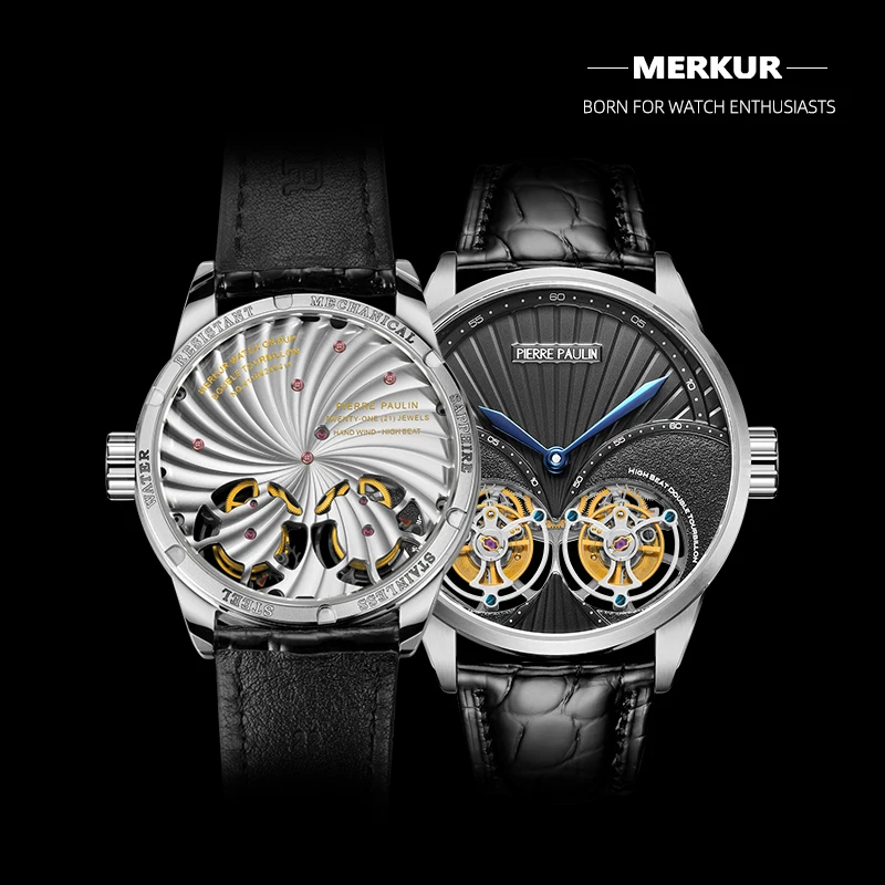 MERKUR Genuine Double Tourbillon Manual Mechanical Watch 28800BHP High Frequency Men\'s Luxury Formal Business Sapphire Watches