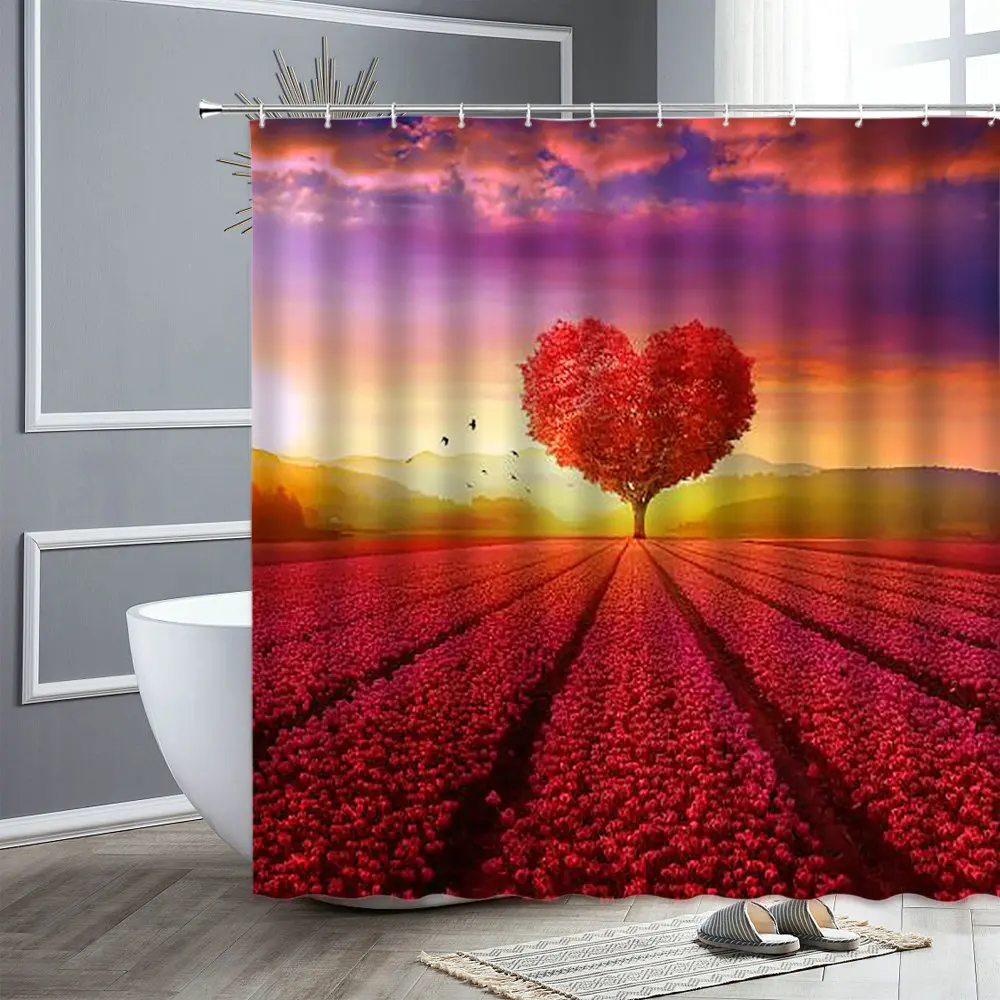 Rural Scenery Shower Curtain Purple Red Heart Shaped Flower Tree Lavender Tulip Bathroom Curtains Home Bathtub Decor Bath Screen