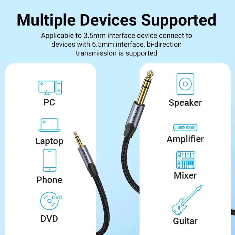 Vention 3.5mm to 6.35mm Adapter Aux Cable for Mixer Amplifier Gold Plated 3.5 Jack to 6.5 Jack 0.5m 3m 5m Aux Cabo Male to Male