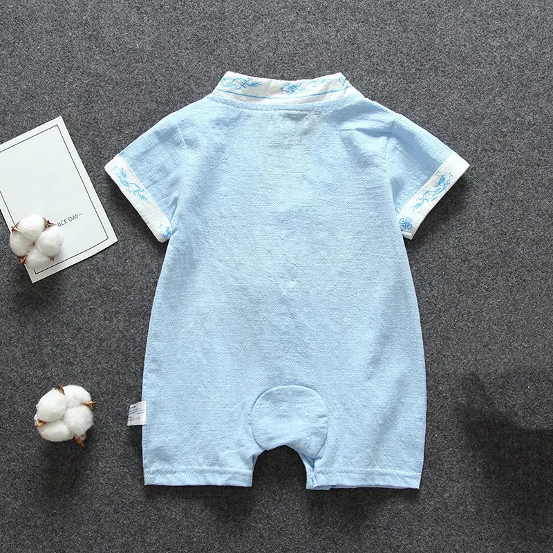 Cotton Linen Baby Boys Romper Breathable Summer Infant Jumpsuit Chinese Style Toddler Outfits One-Pieces Clothes Baby Onesies