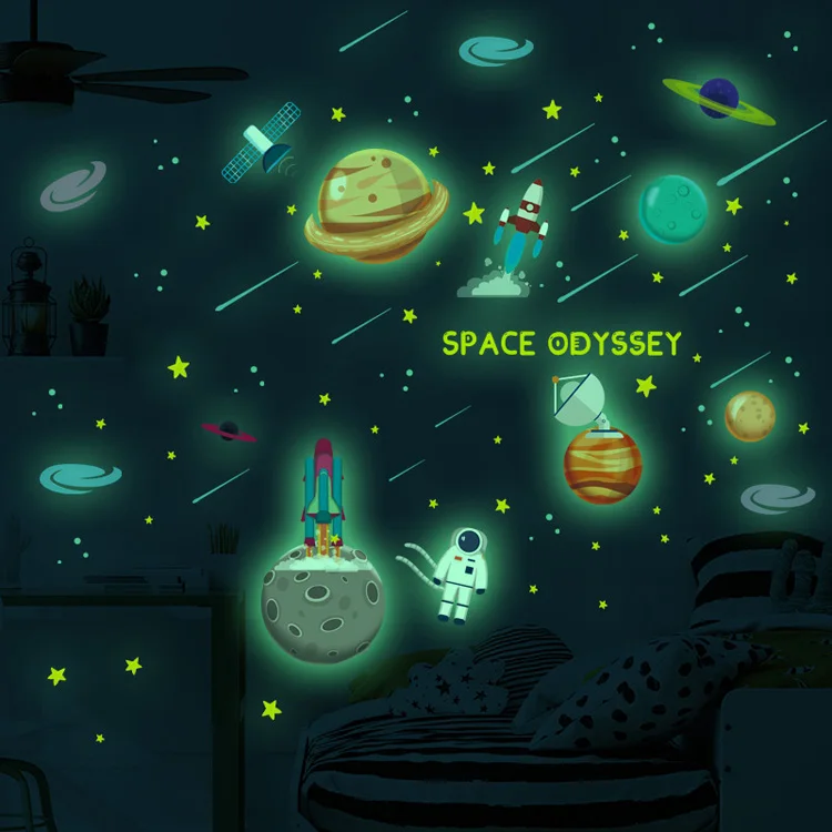 Leuchtende Weltraum-Planeten-Raketen-Wandaufkleber für Kinderzimmer, Schlafzimmer, Heimdekoration, Wandbild, Cartoon-Wohnzimmer, im Dunkeln leuchtende Aufkleber – Detail 7