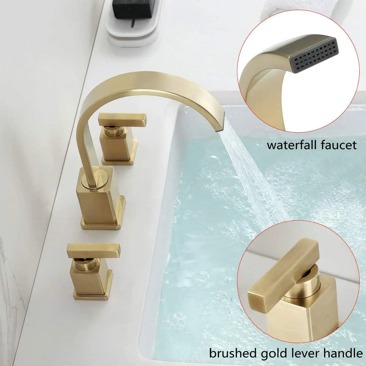 Luxury Brushed gold Brass Bathroom sink Faucet 2 Lever Handle 3 Holes Widespread Top Quality Copper Basin tap with Pop-Up Drain