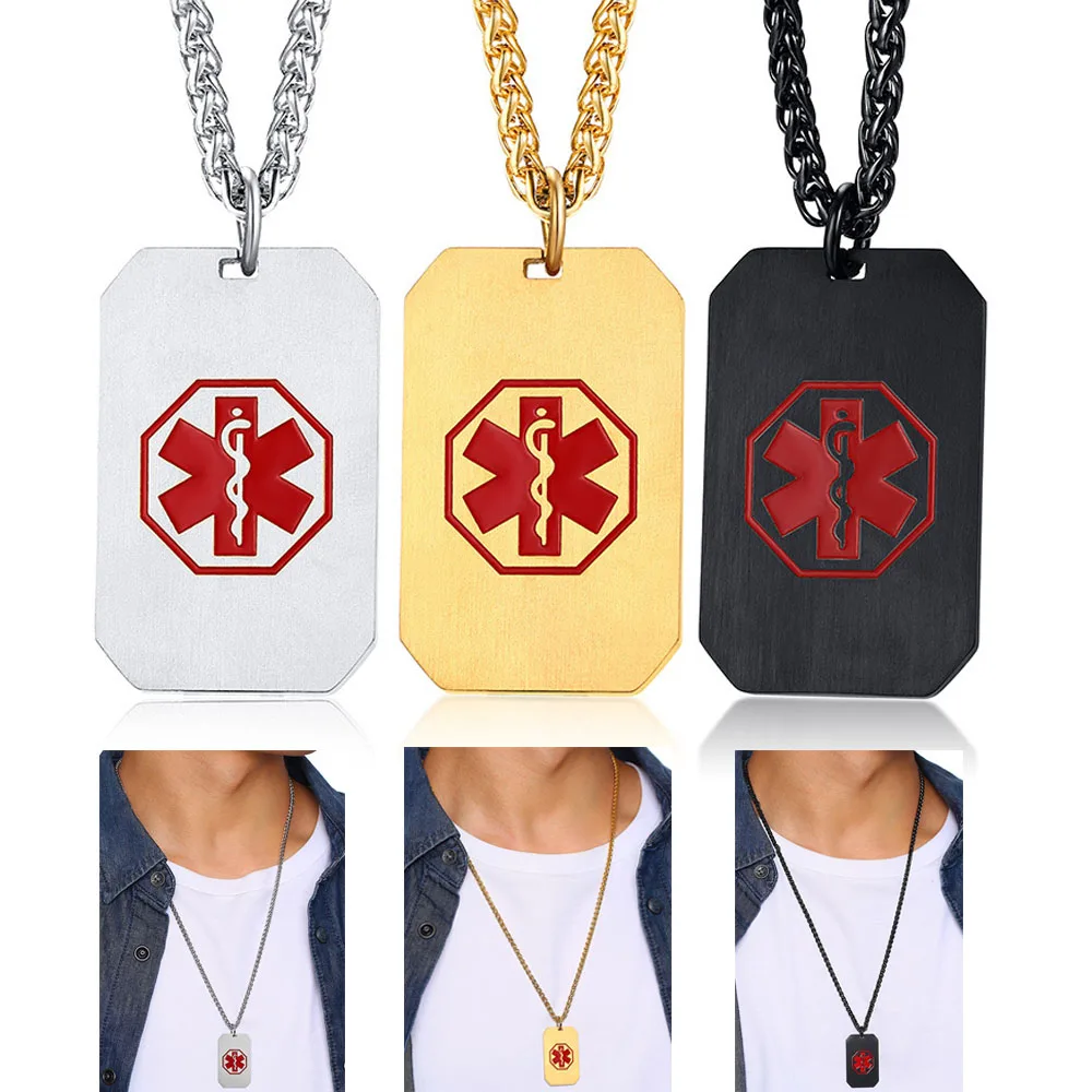 

2025 Fashion Square Golden Stainless Steel Medical Alert Necklace for Men Medic ID Dog Tag Pendant Necklace Jewelry