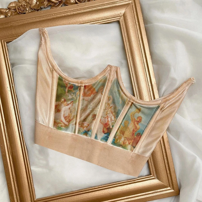 90s Vintage Oil Painting Print Corset Top Fitness Elastic Shaper with Chest Support Belts Y2K Aesthetics Women Bustier Crop Top