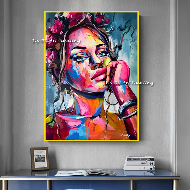 

Palette Knife Woman Mural Artwork Hand Painted Portrait Face Oil Painting Acrylic Canvas Picture Decor for Home Christmas Gift