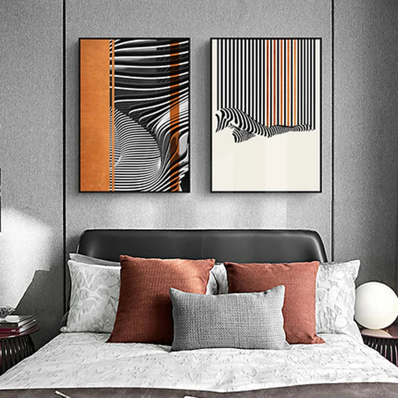 Stripes modern minimalist orange abstract line decorative painting black and white gray minimalist style painting studio mural