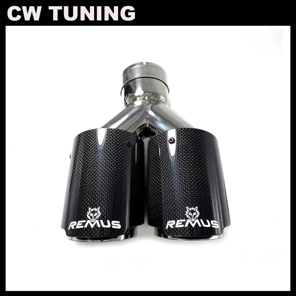 

1Pcs Universal Dual Exhaust Tip Glossy Carbon Fiber Exhaust Pipe Tail Quad Exhaust Muffler Tip With Remus Logo