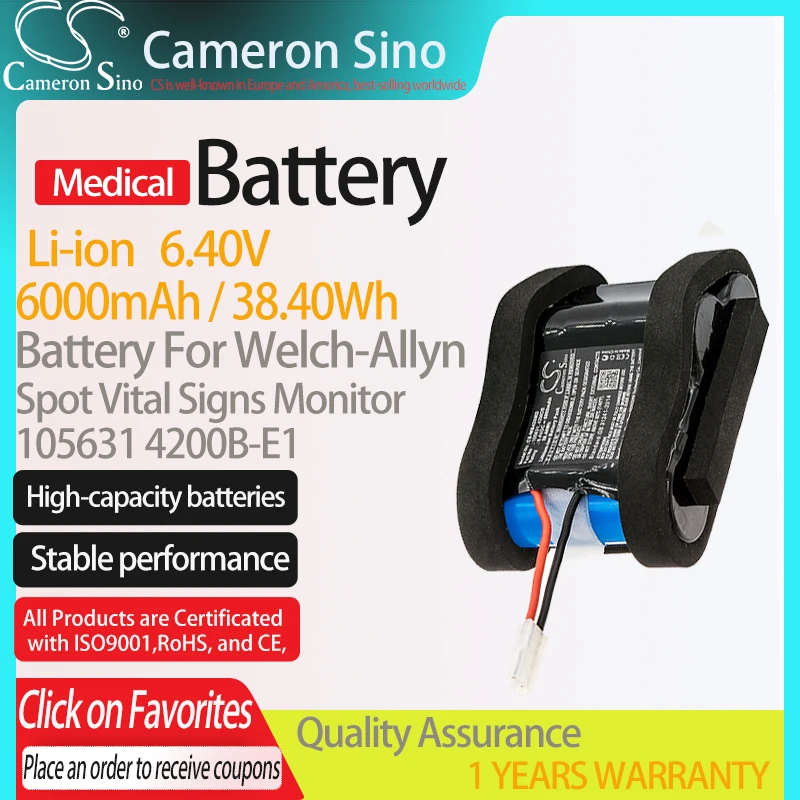 CameronSino Battery for Welch-Allyn Spot Vital Signs Monitor fits 105631 Medical Replacement battery 6000mAh/38.40Wh 6.40V Black