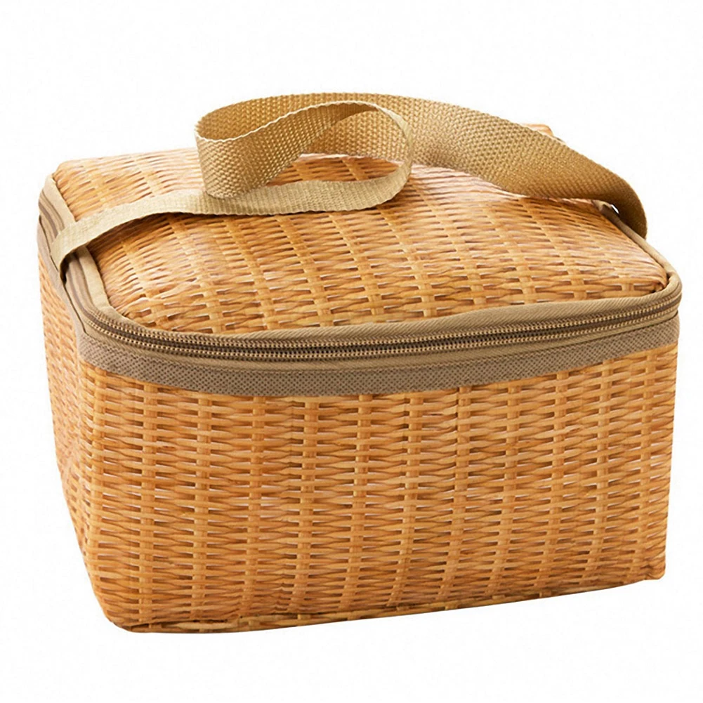 Portable Wicker Rattan Outdoor Picnic Bag Waterproof Tableware Insulated Thermal Cooler Food Container Basket for Camping Picnic