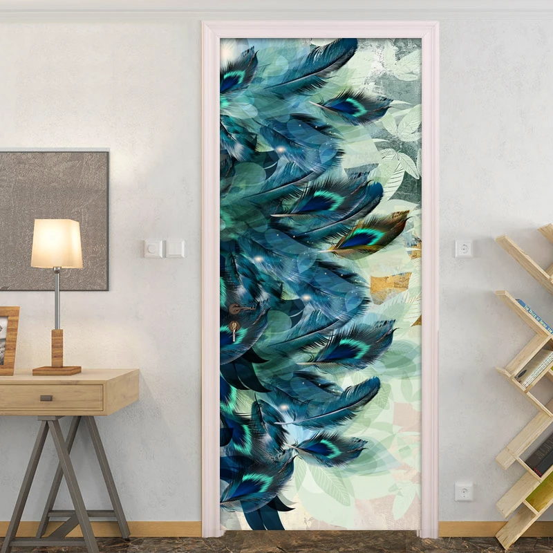Blue Feather Door Sticker Mural Wallpaper Wall Art Decor Modern Living Room Bedroom Door Decoration Stickers PVC Self Adhesive