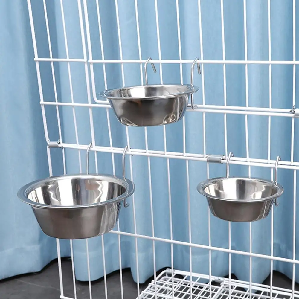 Stationary Dog Cage Bowl Stainless Steel Pet Hanging Feeder Dish Durable Puppy Kitten Drinking Water Feeding Food Bowls Cat Dish