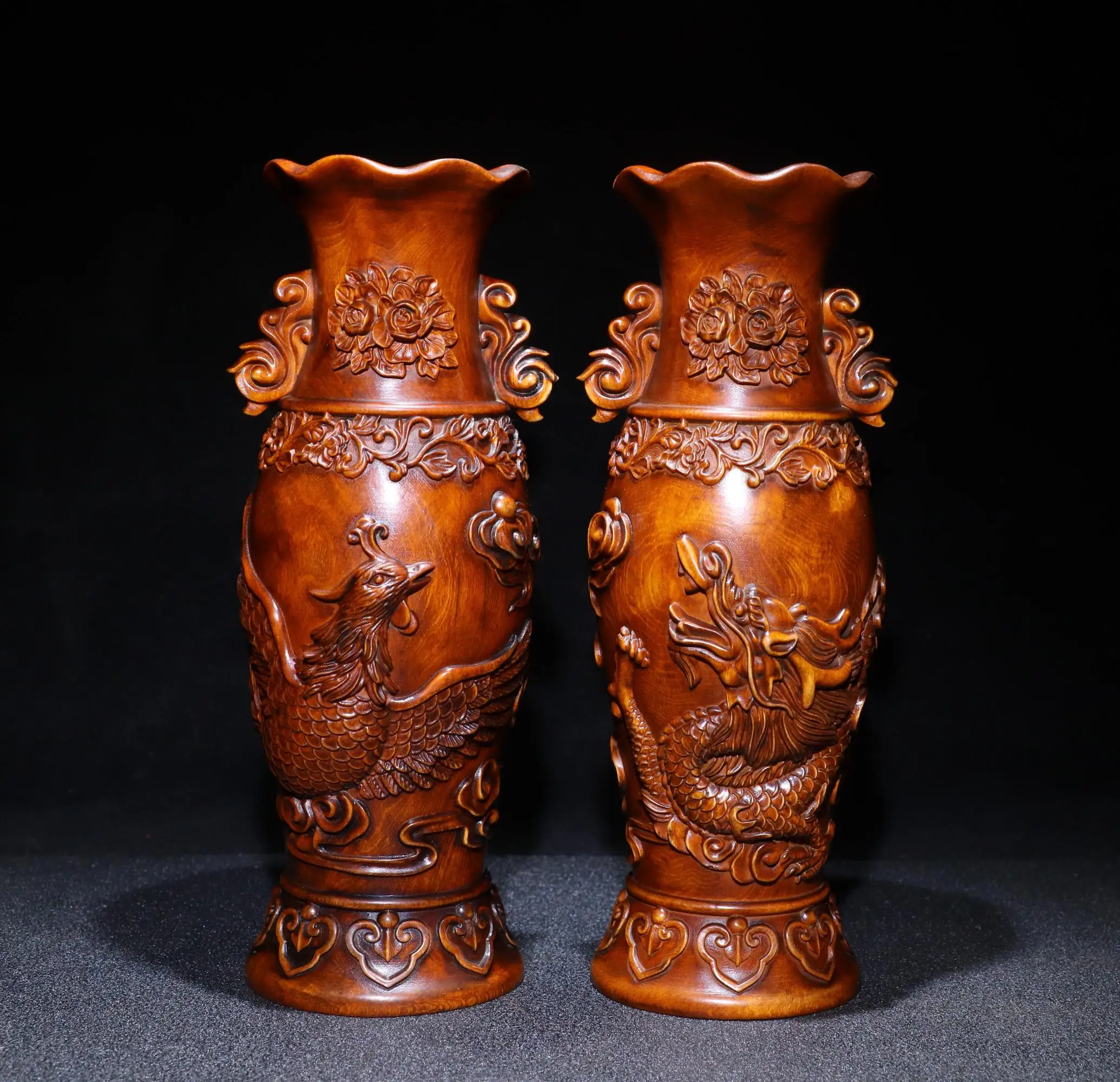 Old Xizang Folk Boxwood Phoenix Statue Vase A Pair Office Ornaments Worship Hall Town house